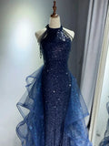 Pretty Navy Blue Sequins Long Prom Party Dress Prom Dress Evening Dresses HZ1121