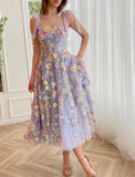 Elegant A-Line Corsets Dress Wedding Guest Summer Tea Length Sleeveless Prom Dress Scoop Neck Bridesmaid Dress Tulle with Appliques HZ1121
