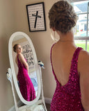 Purple Sequin Mermaid V Neck Long Formal HZ0308