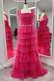 Fuchsia Tulle Tiered Ruffles Party Dress with Tie HZ0308