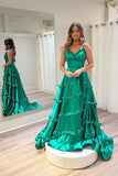 Straps Green Ruffles V neck Long Prom HZ0308