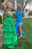 Straps Green Tiered Ruffles Prom HZ0308