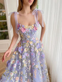Elegant A-Line Corsets Dress Wedding Guest Summer Tea Length Sleeveless Prom Dress Scoop Neck Bridesmaid Dress Tulle with Appliques HZ1121