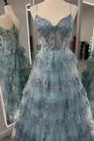 Straps Blue Sequin Tulle Ruffles Formal HZ0308