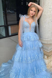 Light Blue Appliques Tiered Ruffle Prom HZ0308