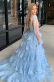Light Blue Appliques Tiered Ruffle Prom HZ0308