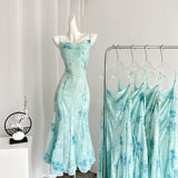 Sexy Mermaid Spaghetti Straps Floral Blue Summer Dress Holiday Party Outfits For Women HZ1121