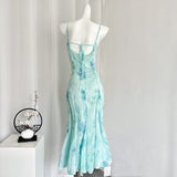 Sexy Mermaid Spaghetti Straps Floral Blue Summer Dress Holiday Party Outfits For Women HZ1121
