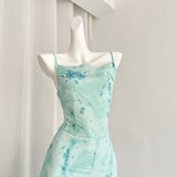 Sexy Mermaid Spaghetti Straps Floral Blue Summer Dress Holiday Party Outfits For Women HZ1121