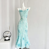 Sexy Mermaid Spaghetti Straps Floral Blue Summer Dress Holiday Party Outfits For Women HZ1121