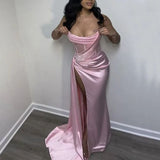 Sexy 17th Birthday Dresses Stapless Mermaid Prom Dresses for Black Girls Thigh-High Slits Pleats Beading Birthday Outfits HZ1022