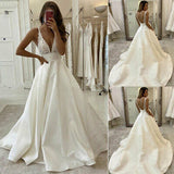 White v neck satin lace long prom dress evening HZ0308