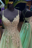 Straps Sage Green Lace Appliques Tulle Long Prom HZ0308