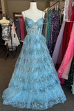 Straps Blue Sequin Tulle Ruffles Formal HZ0308