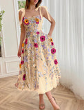 Elegant A-Line Corsets Dress Wedding Guest Summer Tea Length Sleeveless Prom Dress Scoop Neck Bridesmaid Dress Tulle with Appliques HZ1121
