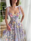 Elegant A-Line Corsets Dress Wedding Guest Summer Tea Length Sleeveless Prom Dress Scoop Neck Bridesmaid Dress Tulle with Appliques HZ1121